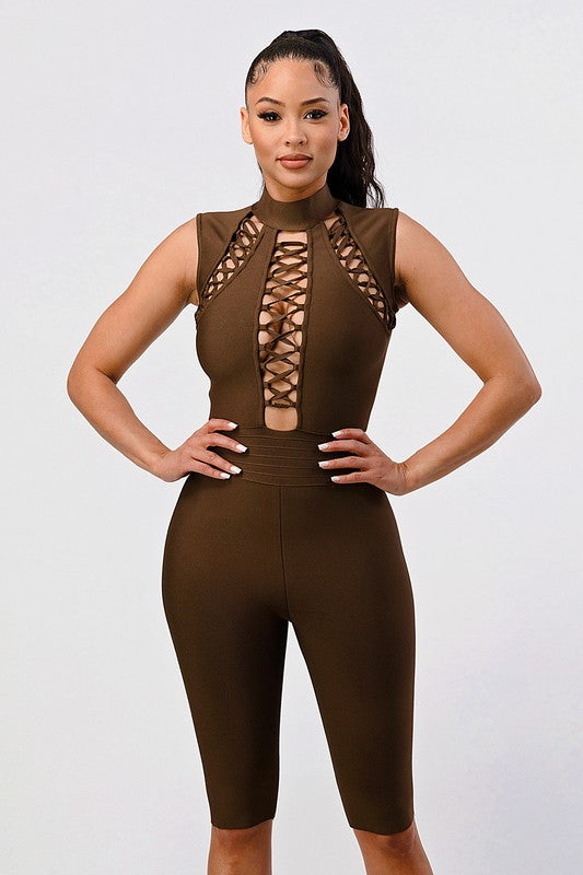 Intertwine Allure: Laced-Lattice Bodycon Romper